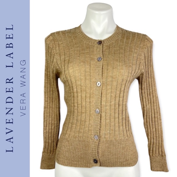 Vera Wang Lavender Label Camel Crewneck Ribbed Wool Alpaca Cardigan Sweater S - Picture 2 of 16